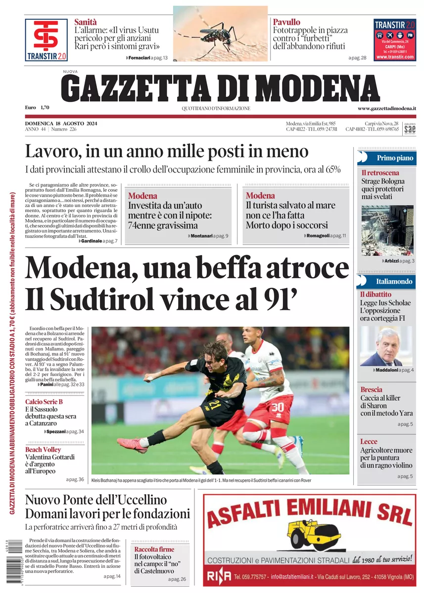 Prima-pagina-gazzetta di modena-oggi-edizione-del-2024-08-18